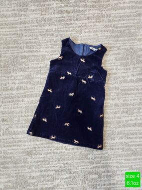Hartstrings Girls Navy Blue Corduroy Horse Embroidered Jumper Dress Size 4